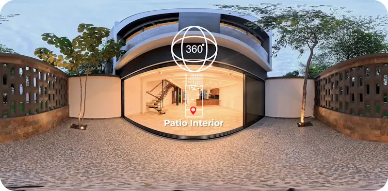 360 degree interior tour of a property patio with an interactive navigation hotspot